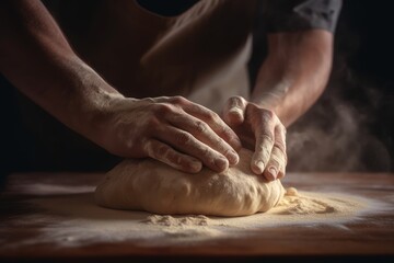 Fototapeta premium Hands of baker kneading dough on a table ai generative illustration