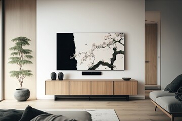 modern living room with a flat-screen TV mounted on the wall. Generative AI