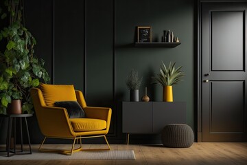 cozy living room with green walls and a pop of yellow in the form of a chair. Generative AI