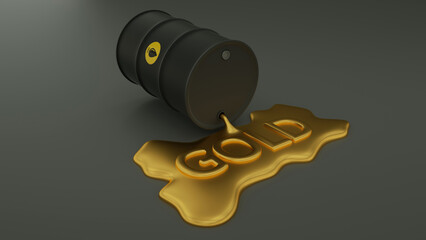 Oil in the form of liquid gold pouring from black barrel. Oil is the new gold concept. 3d rendering