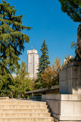 Obraz na płótnie Canvas Sabatini Garden in Madrid with skyscraper from Plaza de Espana in the background, Spain