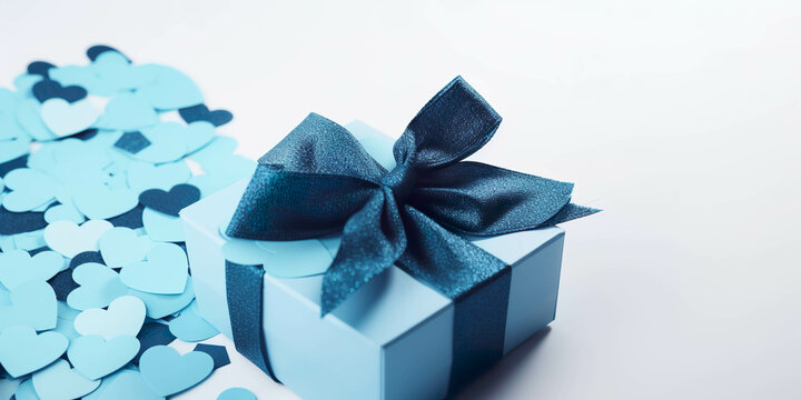 Hearts around a blue box, concept of Father's Day, birthday, anniversary. Image created with AI