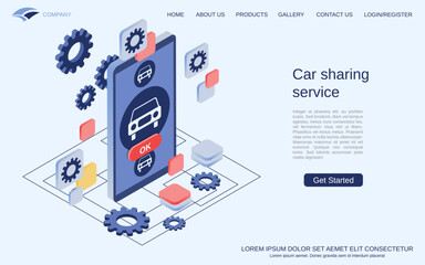 Car sharing service modern 3d isometric vector concept illustration. Landing page design template