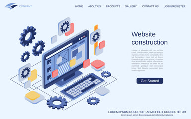 Website construction, GUI design, web application development modern 3d isometric vector concept illustration. Landing page design template