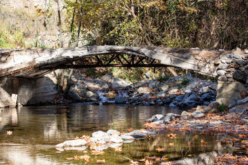 Bridge over the river in the autumn forest. Beautiful natural landscape.