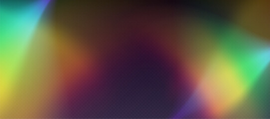 Rainbow refraction overlay, leak flare, prism light effect, rainbow sunlight, holographic rays with transparency. Blurred bokeh retro photo texture, vintage camera glare. Vector background. - obrazy, fototapety, plakaty