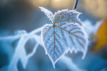 detailed close-up of a leaf covered in delicate frost crystals. Generative AI