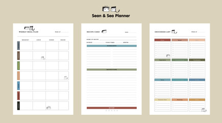 (Sean and sea) 3in1 Recipe card and weekly meal plan and groceries list planner. 