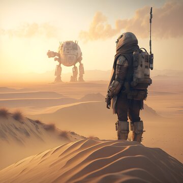 robot similar to R2D2 and a male explorer standing on top of dunes and watching at apocalyptic landscape below early morning natural light realistic unreal engine 