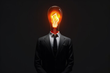 creative business idea, man with black suit and yellow bulb lamp head generative ai