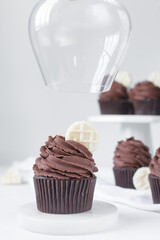 Chocolate cupcake with dark chocolate buttercream, double chocolate cupcakes with american buttercream, tall swirl frosting on a cupcake with a wafer