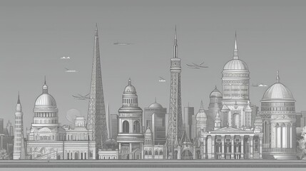 Obraz premium Monochromatic fine line art of famous landmarks