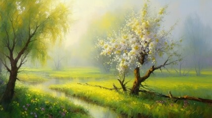 Fototapeta premium Morning Dew Painting Spring Landscape