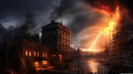 City in flames with dark skies and lightning strikes
