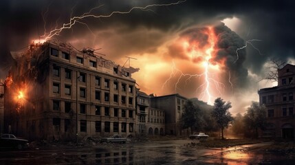 City on fire under dark sky with lightning strikes