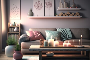 cozy living room with warm lighting and comfortable furniture. Generative AI