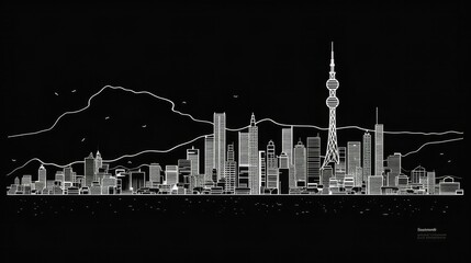 Simplified skyline line illustrations in monochrome