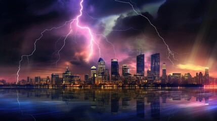Naklejka na ściany i meble City skyline illuminated by lightning and electric colors