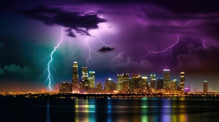 Naklejka na ściany i meble Skyline illuminated by lightning in electric colors