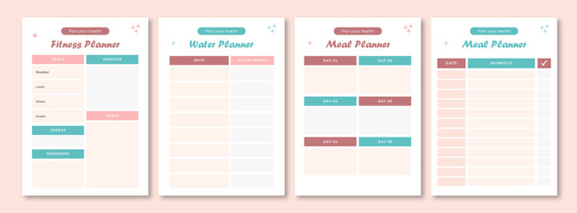 Fitness planner template for workout schedule and diet chart 