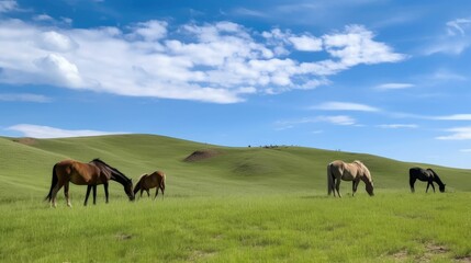 A pasture with grazing horses and a blue sky - obrazy, fototapety, plakaty