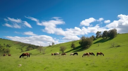 Naklejka premium Pasture with grazing horses and a blue sky