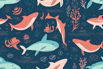 Obraz premium Illustration of ocean life featuring whales and dolphins