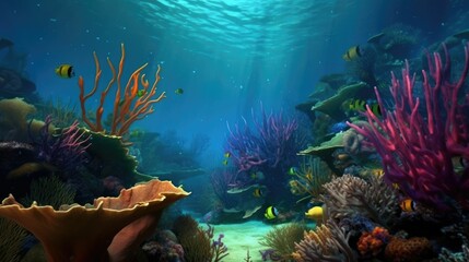 Naklejka na ściany i meble Beautiful underwater scenery with bright coral and tropical fish