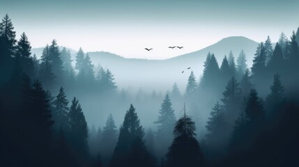 Obraz premium Minimalistic Misty Forest Landscape Wallpaper