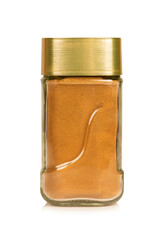 Jar of instant coffee isolated background.