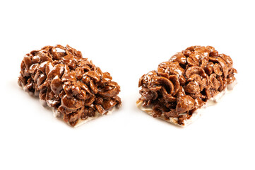 Cereal bar with chocolate isolated on white background.