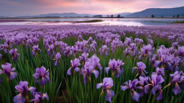 Tranquil fields of lavender irises