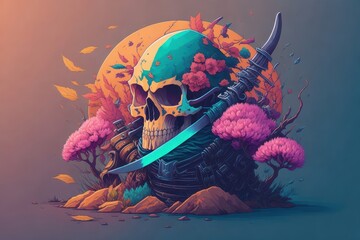 A detailed colorful illustration a magic japanese samurai dead skull with a katana sword and armor with splash effect and cherry blossom. Generative AI