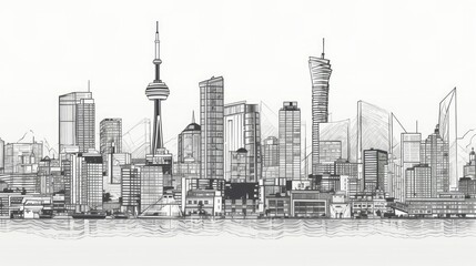 Monochromatic fine line art of city skylines wallpaper