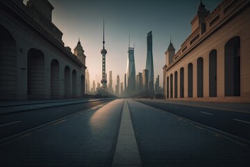 bustling city street with towering skyscrapers in the background. Generative AI