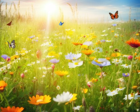 Sunny meadow with wildflowers and butterflies wallpaper