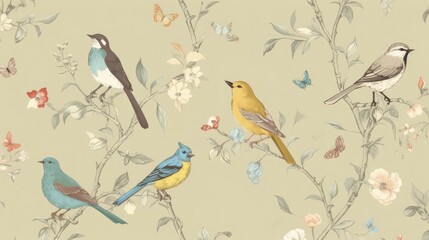 Delicate bird prints on wallpaper