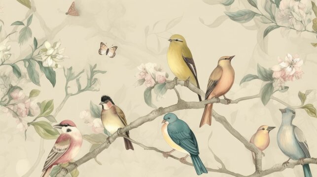 Delicate bird prints on soft colored wallpaper