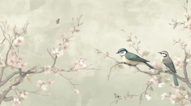 Wallpaper of delicate and elegant bird prints with soft colors