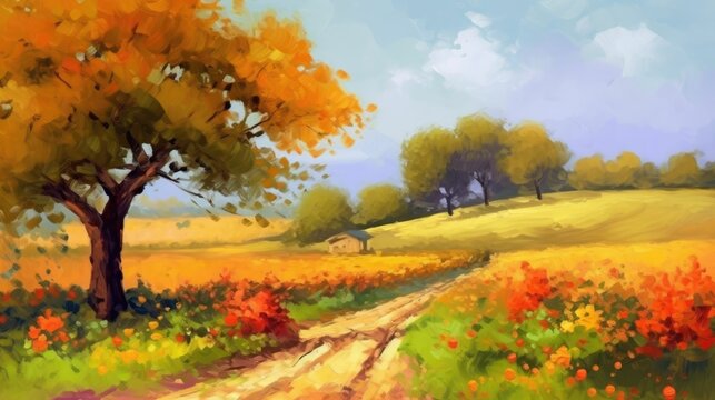 Bright sunny day painting landscape