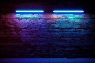 Brick wall background with neon light. AI generated, human enhanced.