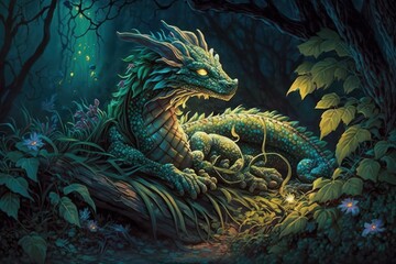 Fototapeta na wymiar Beautiful dragon in the night forest, selective focus. AI generated, human enhanced