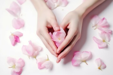 Close-up of beautiful female hands with flowers. The concept of hand care anti-aging cream and spa. AI generated