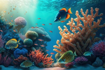 Fototapeta na wymiar Coral reef in the sea with fish. AI generated, human enhanced. Background with selective focus