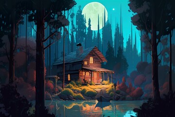 Modern house in dark forest under full Moon reflected in a lake, AI generative illustration