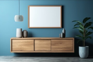 Mockup modern minimalist interior. Blue tones. AI generated, human enhanced