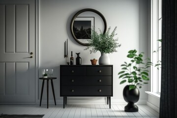 cozy bedroom with a dresser, mirror and plant decoration. Generative AI