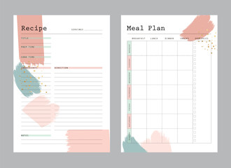 (fashion) Recipe Card and Meal Plan template planner. Minimalist planner template set. Vector illustration.	 
