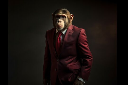 Anthropomorphic monkey in a smart suit. AI generated, human enhanced.