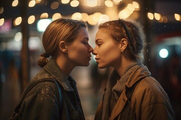 Young lesbian couple in their moment of intimacy at night in the street. AI generated, human enhanced - obrazy, fototapety, plakaty